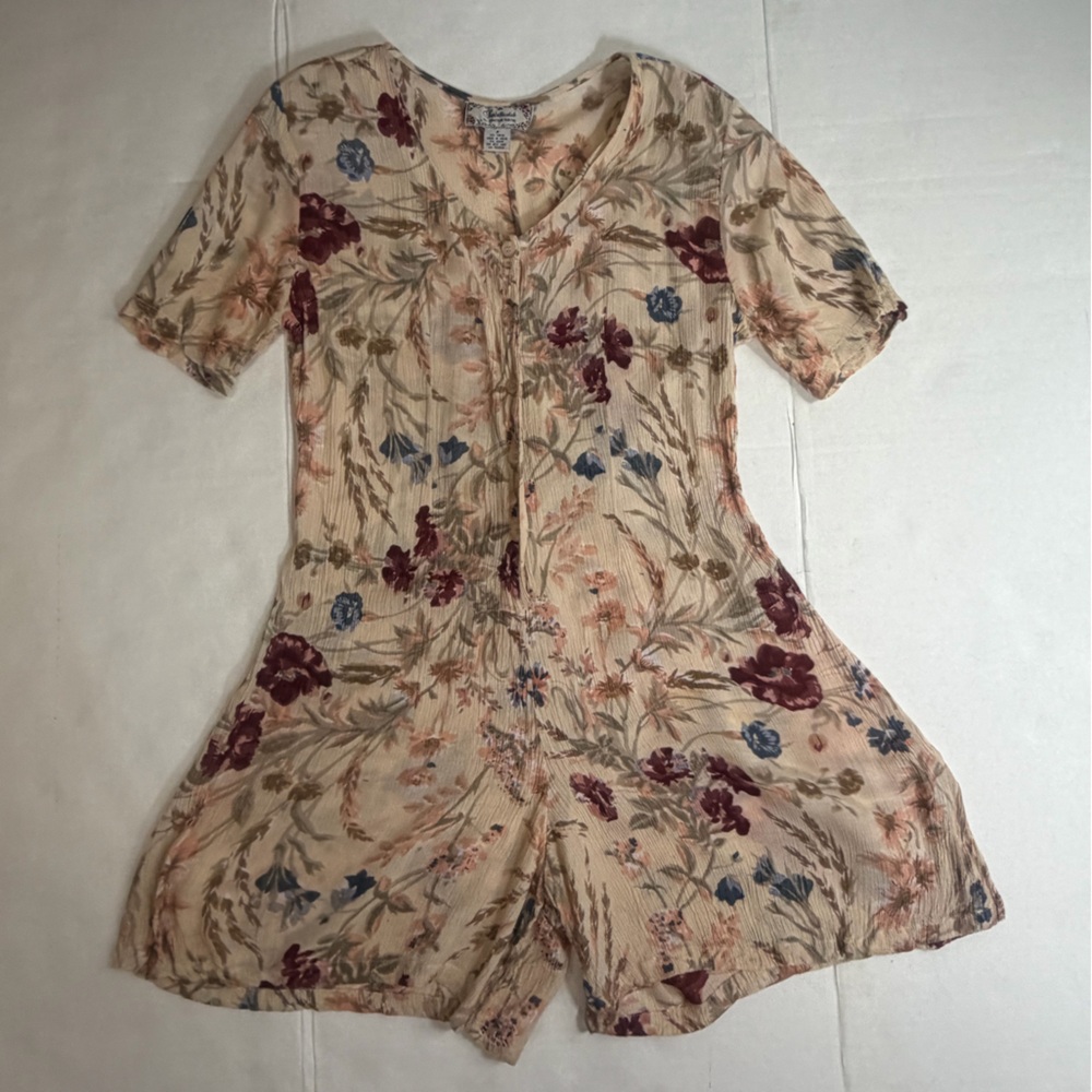 Earthbound Floral Boho Romper Puff Sleeve Button Front Women M